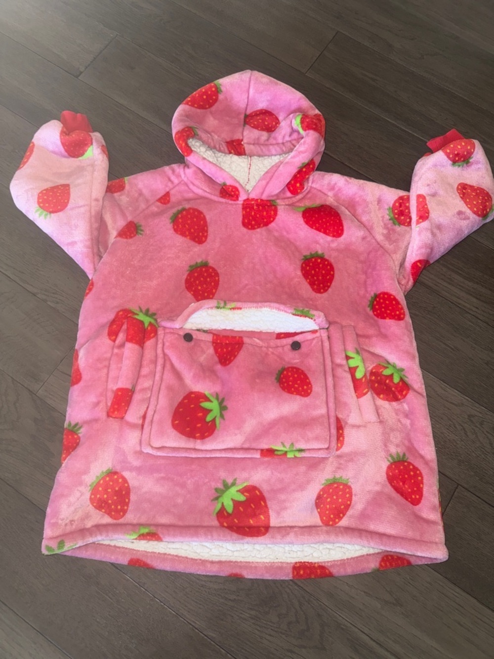 Cozy Pink soft plush fleece Strawberry Hooded Lounge Pullover
